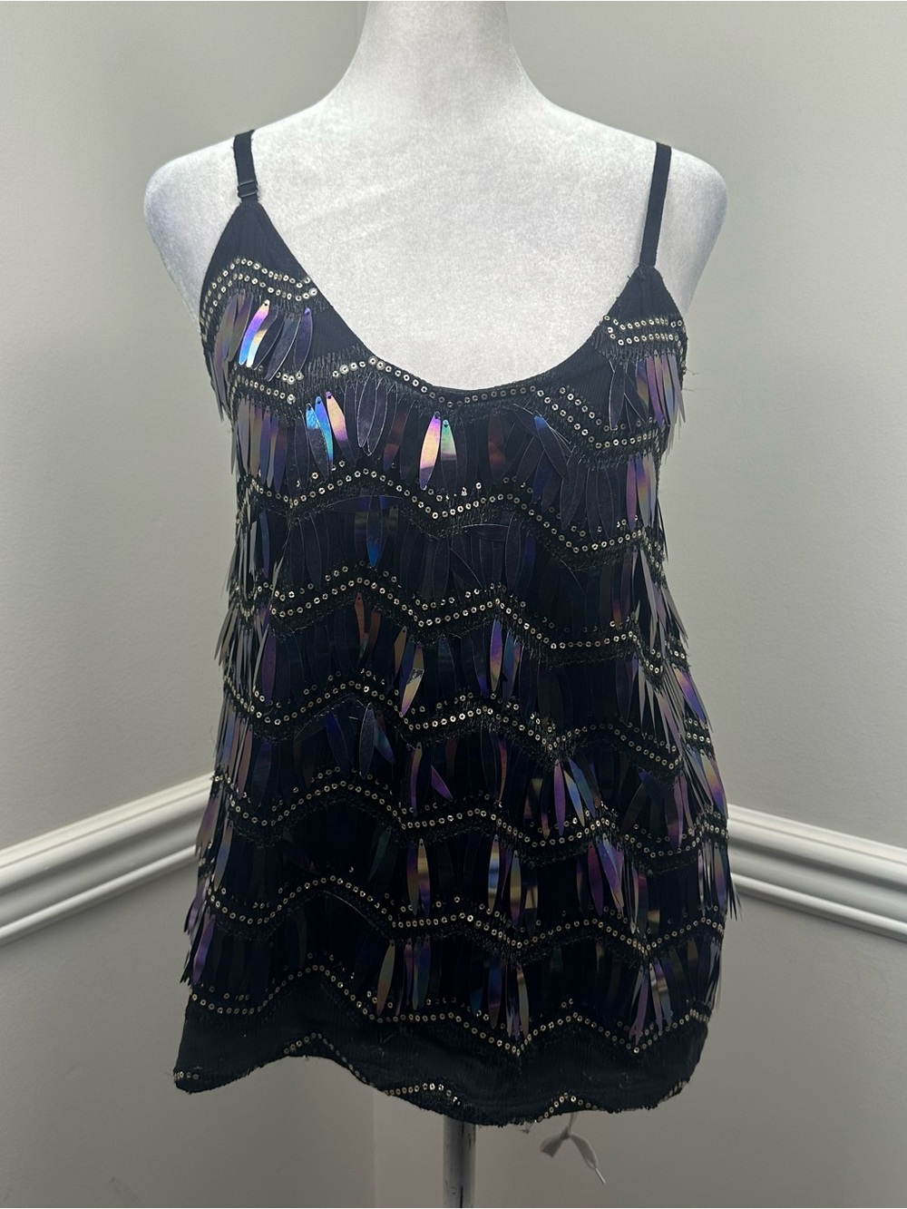 Porridge Anthropologie Iridiscent Black Sequin Fringe Camisole Top M